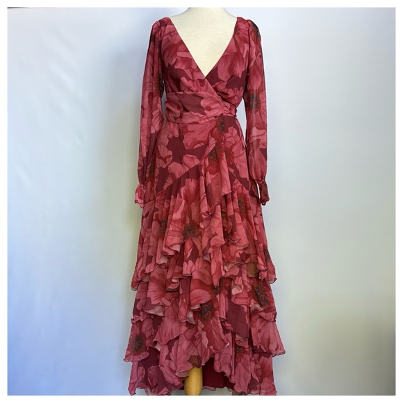 NWT Anthropologie Hutch Kya Long-Sleeve V-Neck Printed Tiered Wrap Maxi Dress XS - Picture 8 of 17